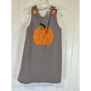 Girls 4T Fall Pumpkin Applique Jumper. Brown/White Hounds Tooth. Covered Buttons